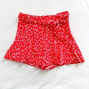 Zara Red and White Floral Skort Skirt with Belt - medium